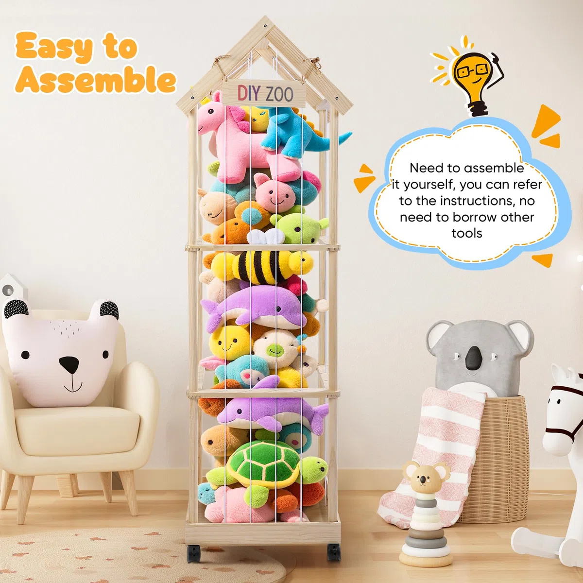 Contenitore per Animali di Peluche, 146x47x35CM con Ruote Girevoli Bloccabili a 360 Gradi per Cameretta dei Bambini, Soggiorno, Cameretta dei Bambini