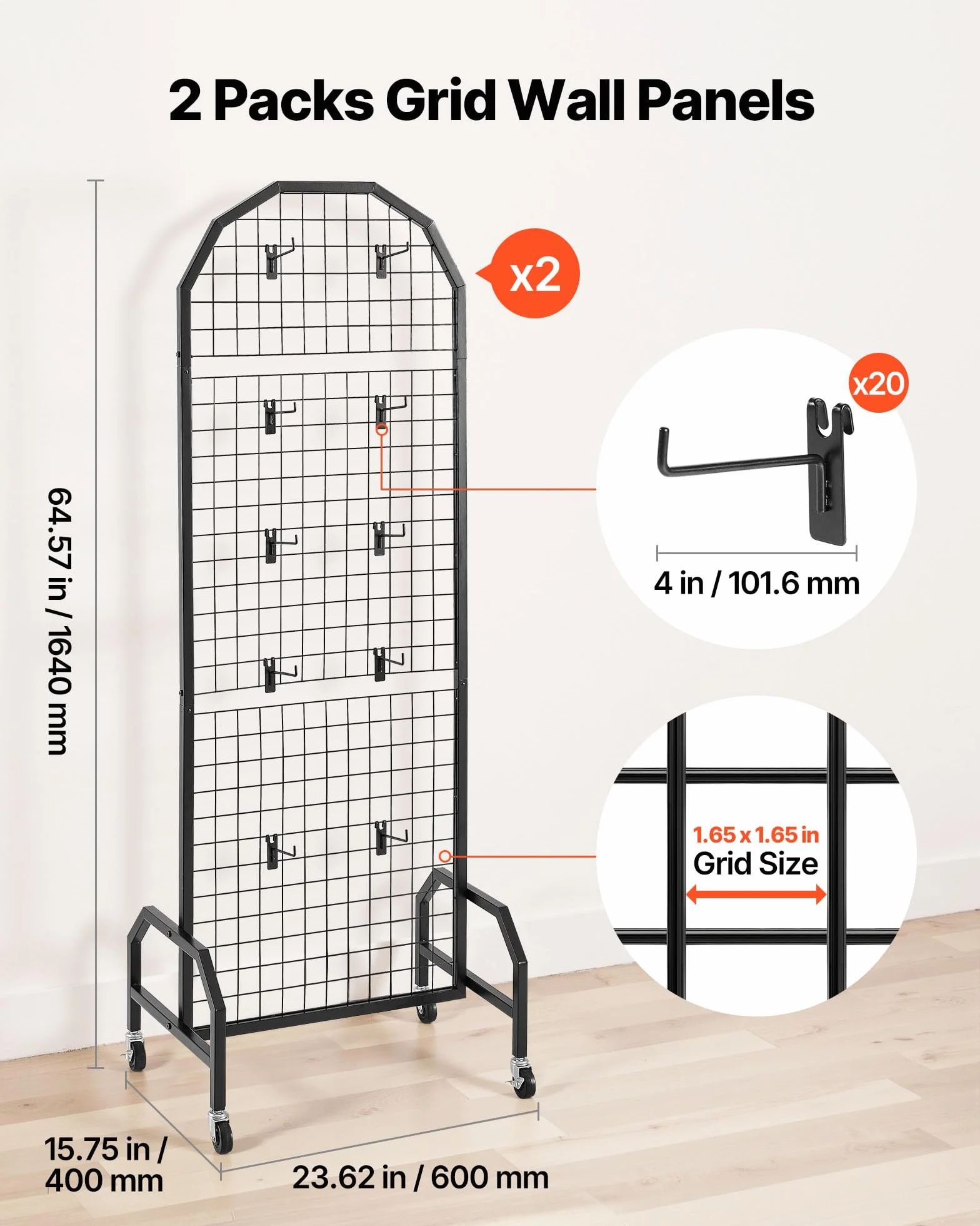 VEVOR Parete Pannello a Griglia 60 x 164 cm 2 pezzi Espositore da Pavimento con 20 Ganci, Parete a Pannello in Acciaio al Carbonio, Scaffale per Esposizione per Decorazioni, Nero