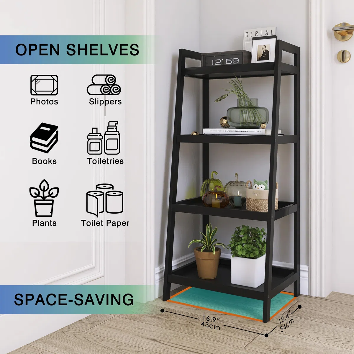 SMIBUY Libreria a scala in bambù, organizer per rack da bagno, espositore per piante autoportante a 4 e 5 livelli Scaffali salvaspazio per camera da letto, cucina (Nero, 4 livelli (99cm H))