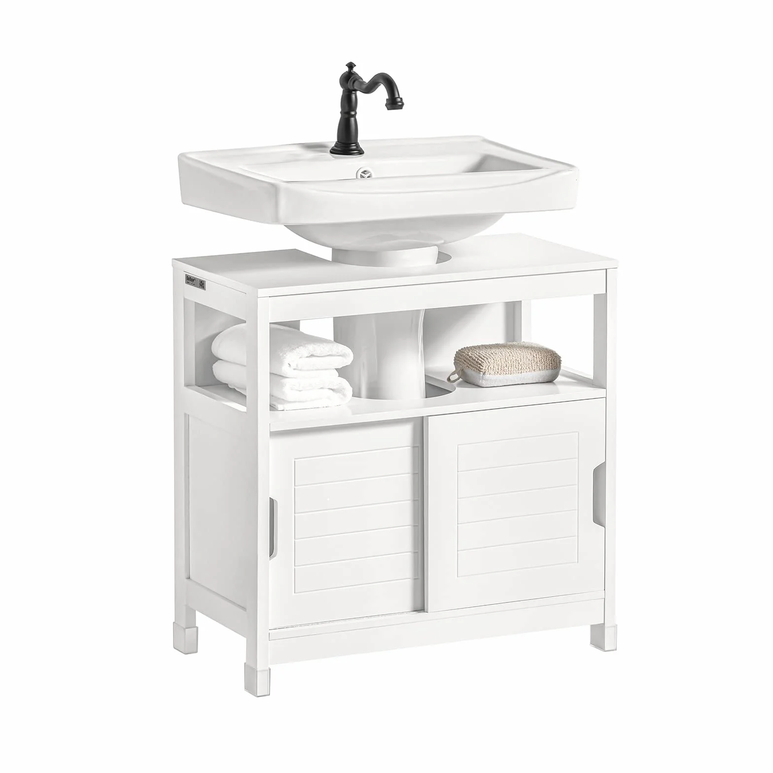 SoBuy Mobiletto Bagno Salvaspazio - Armadio Salvaspazio 2 Ante Scorrevoli e Ripiano Aperto - Mobile Sottolavabo per Bagno Moderno Piccolo – Bianco, 60x30x60cm, FRG128-II-W