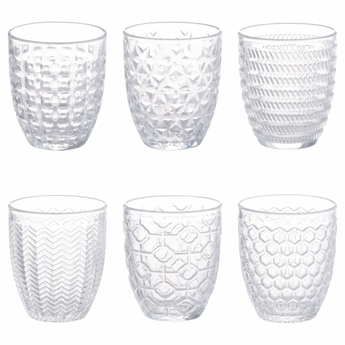 Set 6 bicchieri acqua 320 ml, in vetro trasparente decorato a rilievo, Geometrie Light