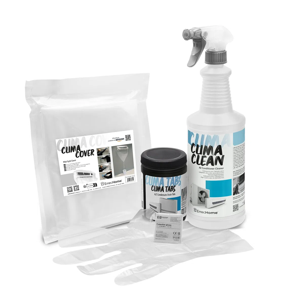 ErrecHome Kit pulizia climatizzatori, include Clima Clean 1L detergente pulizia unità interna e filtri, cover protettiva Clima Cover, Clima Tabs 40 pastiglie per pulizia scarico condensa, guanti