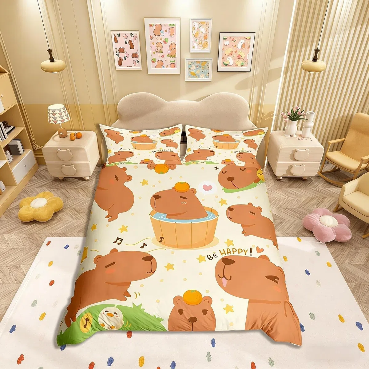 Homemissing Set di Biancheria da Letto con Motivo Cartone Animato di Capybara, Copripiumino Marrone Divertente e Carino per Bambini, Ragazzi e Ragazze, Copripiumino con Stampa di Capybara Floreale