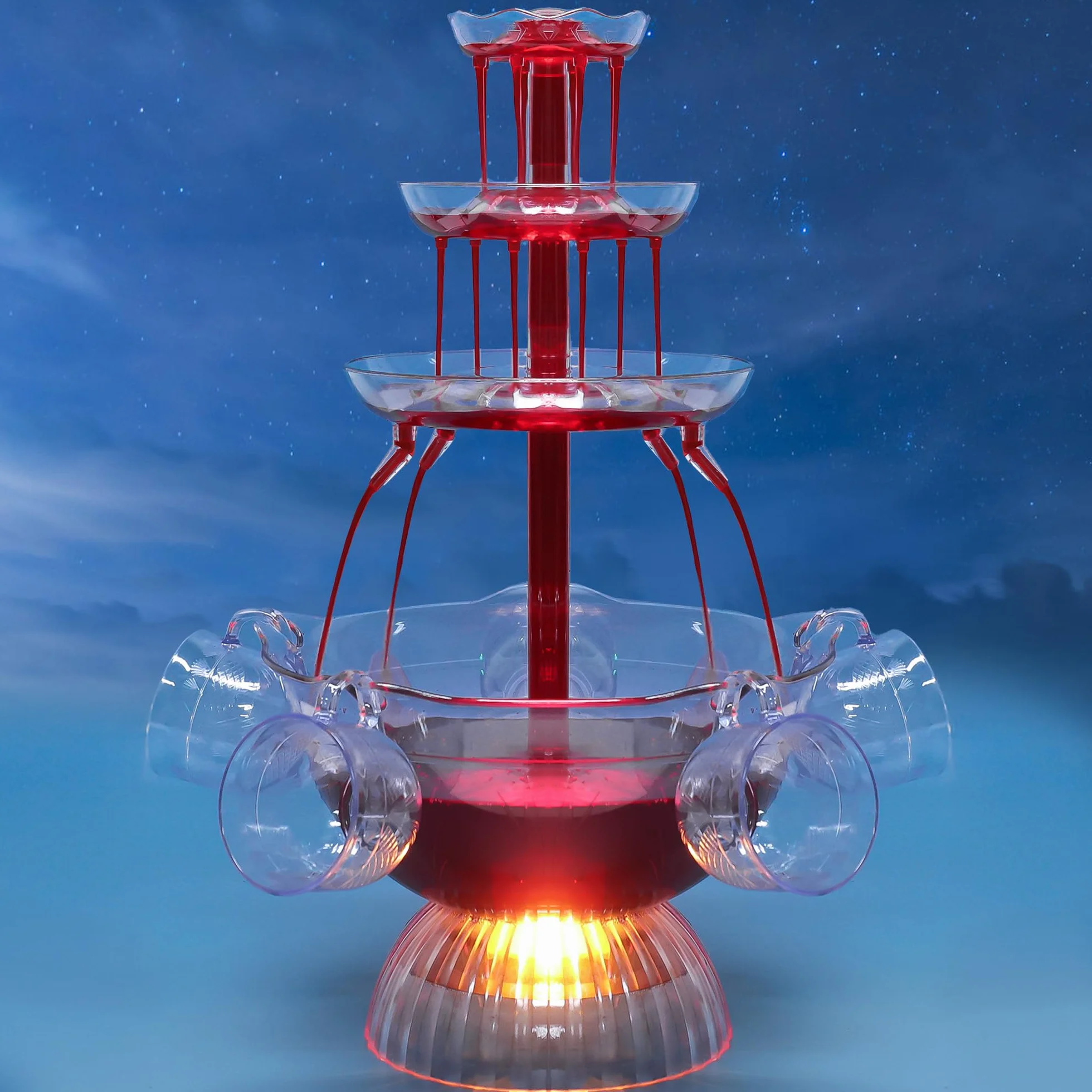 Fontana di Festa, 3 Livelli Illuminanti LED per Pub, Feste a Casa, Compleanni e Matrimoni, Fontana Elettrica con 5 Tazze Riutilizzabili e Vino Rosso