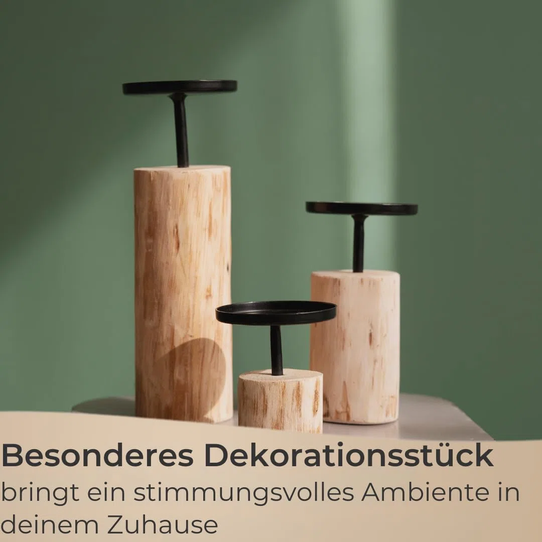 Set di 3 portacandele in legno di eucalipto e metallo, altezza 8-22 cm, elegante portacandele per candele a pilastro, consegna senza candele