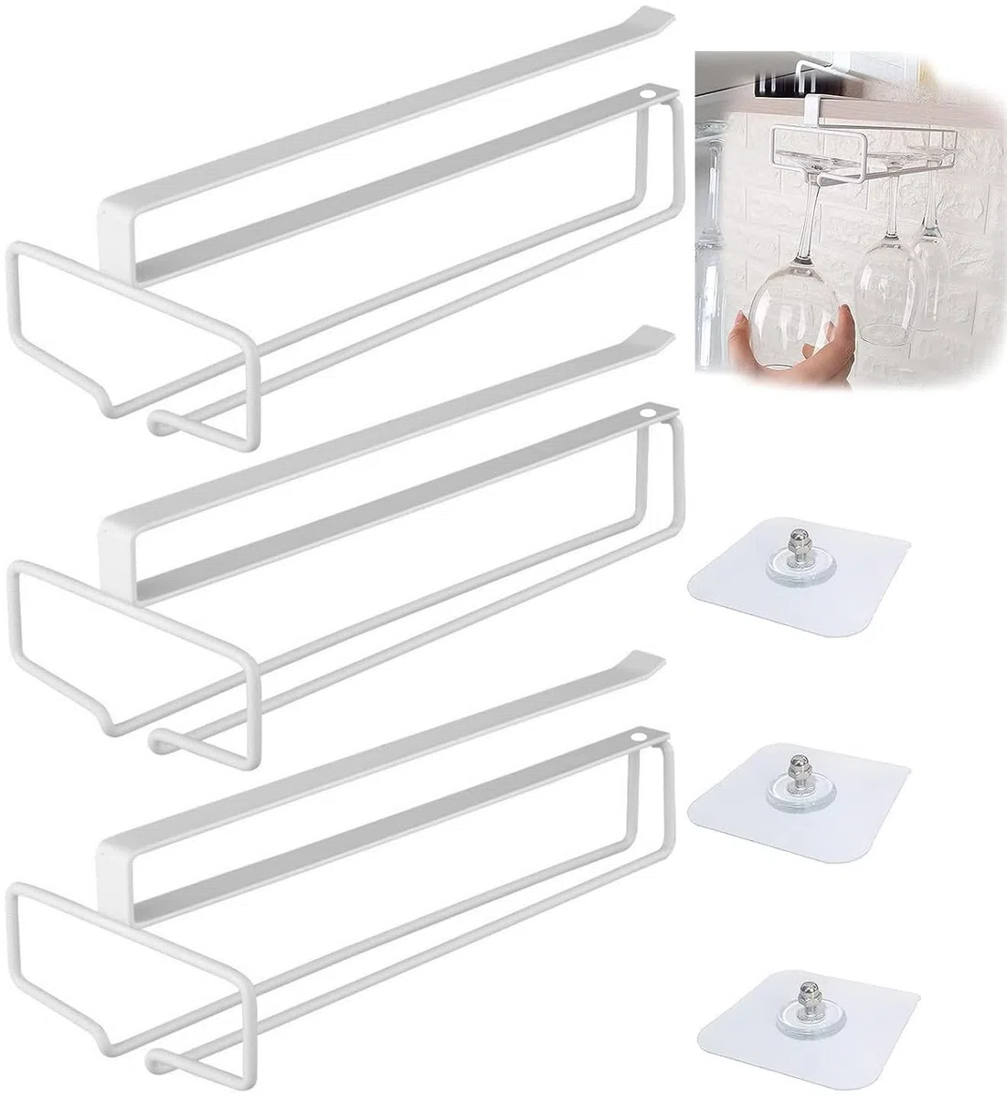 3 Pezzi Porta Bicchieri Sospesi, Wine Glass Rack Supporto Per Bicchieri A Calice Portabicchieri Sospeso Porta Calici Sottopensile per Calici Senza Foratura, Bar Ristorante Cucina, Bianco