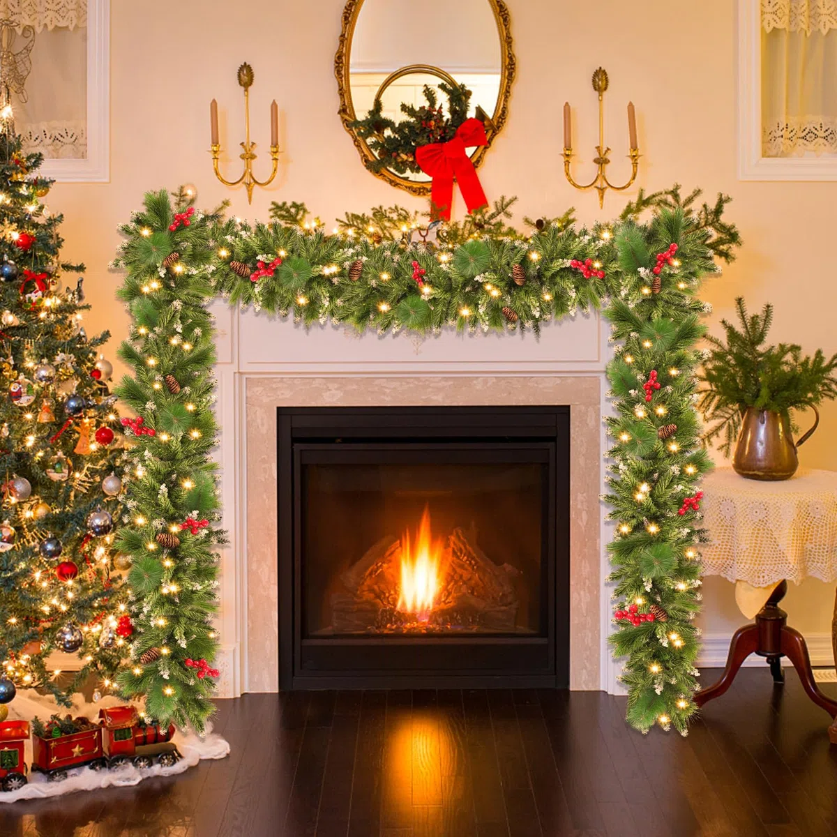 Ghirlanda Natalizia, 2.7M/9 FT Ghirlanda Natalizia per Porta, Ghirlanda Natale con 50 Luci, Ghirlanda di Natale Decorazioni Artificiale per Porta, Scale, Camino, Finestra, Giardino, Interni ed Esterni