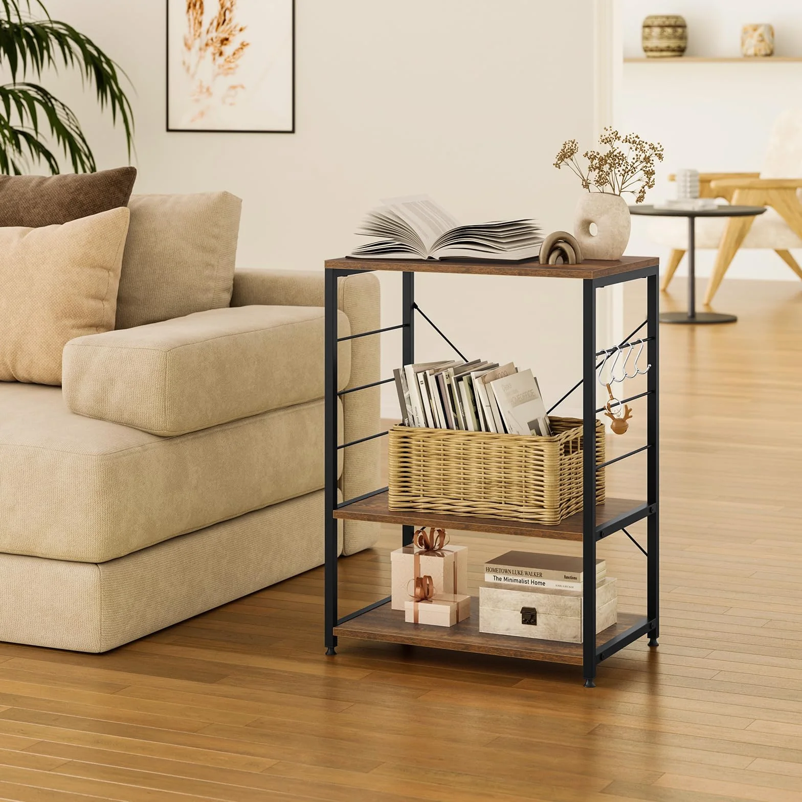 WOLTU Scaffale per Cucina Carrello per Microonde Forno a 3 Ripiani in Metallo e Legno Scaffalature Fioriera Multiuso, Effetto Legno Vintage