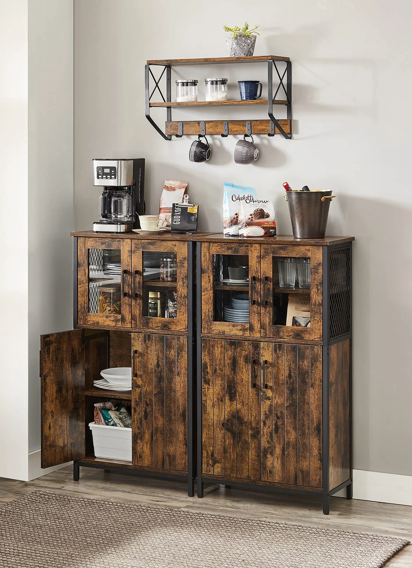 VASAGLE Mobiletto Multiuso, Armadietto, Credenza, Ripiano Regolabile, Mobile da Bagno, Struttura in Acciaio, per Salotto Cucina, Stile Industriale, Marrone Vintage e Nero LSC260B01