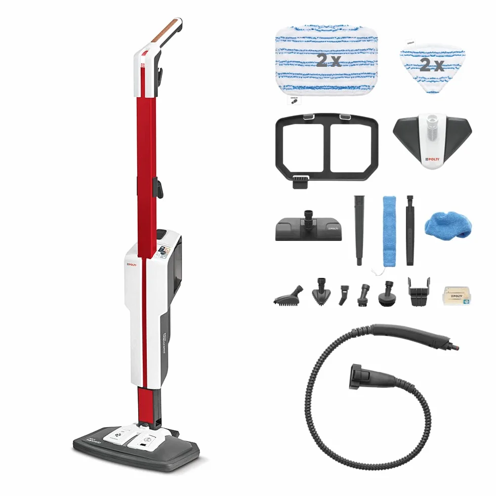 Polti Vaporetto SV650 Style, Scopa a Vapore con Pulitore Portatile Integrato, Potenza Max 1500 W, 19 Accessori, Filtro Anti Calcare, Autonomia Illimitata, Parking Verticale, Rosso e Bianco