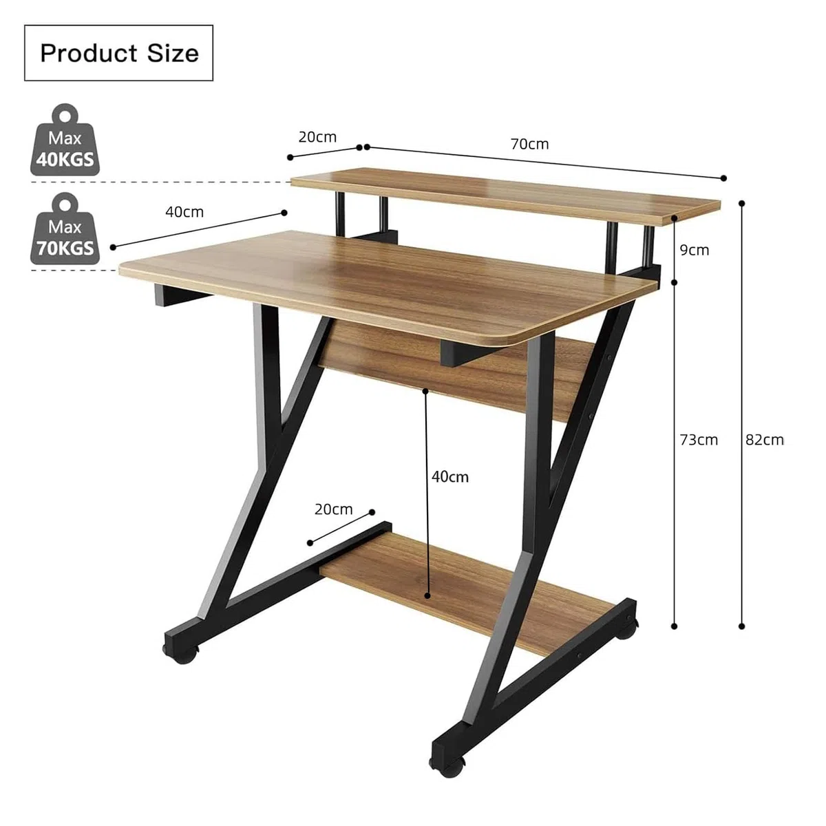 Dripex Scrivania per Computer con Ruote Scrivania 70x60x79 cm Tavolo Porta PC Salvaspazio Z-Tavolo Mobile per Laptop con Ripiani per Piccoli Spazi Home Office (Marrone)