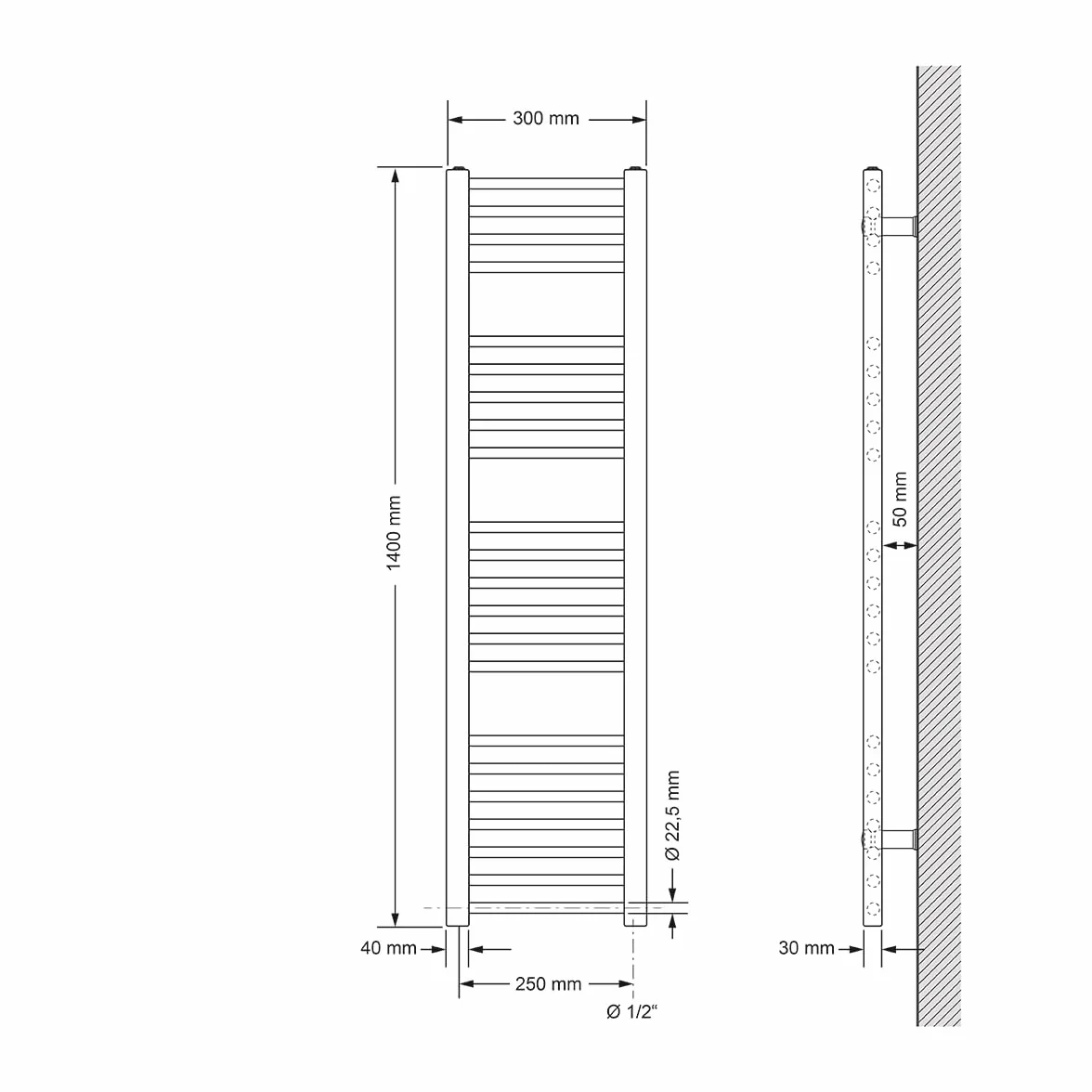 LuxeBath Radiatore Sahara 300 x 1400 mm Nero Dritto con Connessione Laterale, Calorifero in Acciaio, Termosifone da Parete, Scaldasalviette Riscaldamento per Bagno, Asciugamani Design Moderno
