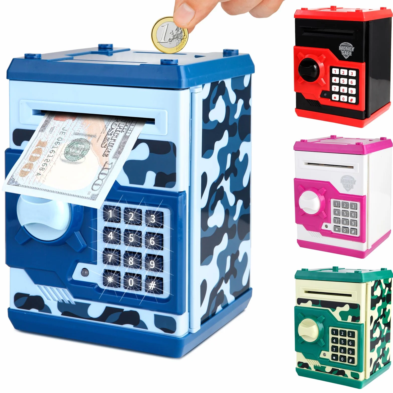 Pup Go Salvadanaio Elettronico ATM per Bambini 3-12 Anni, Regalo Natale per Ragazzi, Cassaforte con Codice per Monete & Banconote, BancoMat Giocattolo con Ricevuta Automatica (Blu)