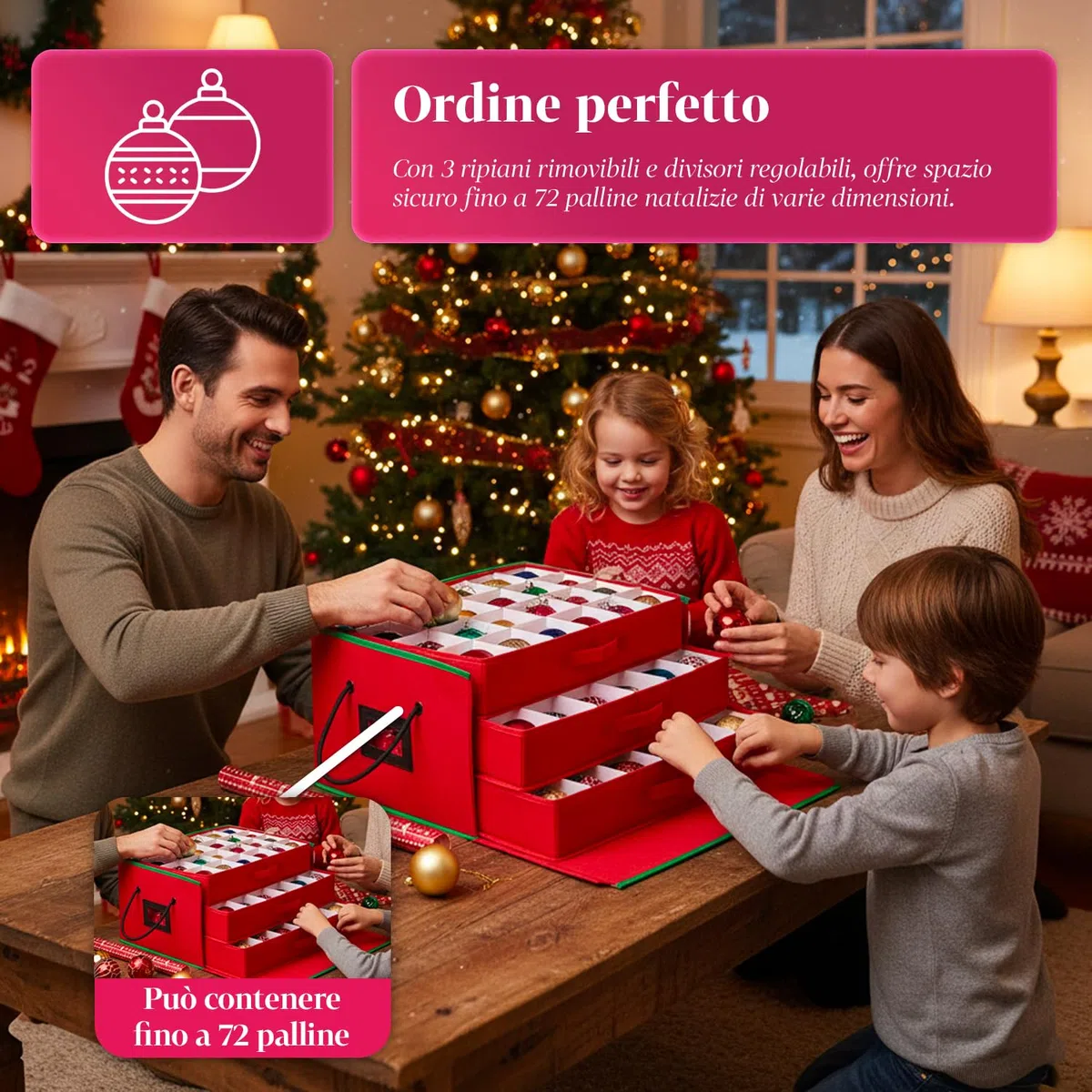 Wintem – Scatola Porta Addobbi di Natale con 3 Cassetti Estraibili per 72 Palline di Natale, Struttura Rigida in TNT 51x35x24 cm, Zip Robusta e Etichetta Trasparente per Conservazione Ordinata