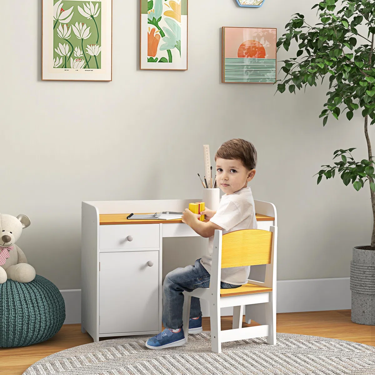 ZONEKIZ Tavolo Scrivania per Bambini con Sedia, Banco Scuola per Bambini da 3 a 6 Anni in Legno con Cassetto e Seggiola Abbinata, Bianco