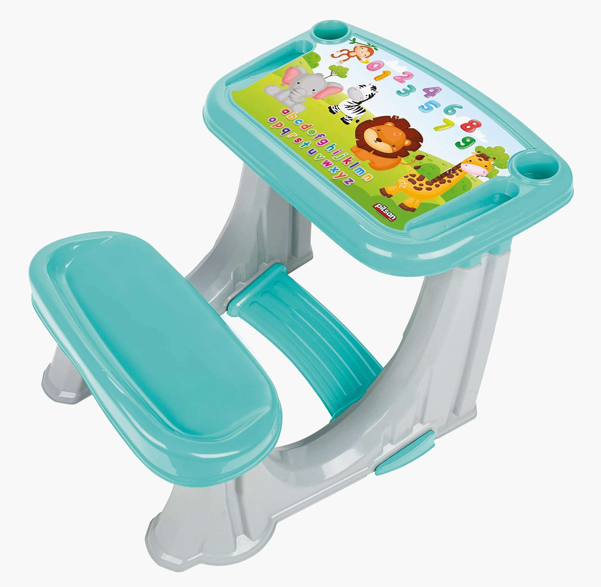 Banco Scuola Bambini 2 Anni Con Sedia Azzurro Scrivania Gioco Studio per Bambini con Scomparti Portapenne e Sgabello Struttura Plastica Dura Multicolore Giocattolo Educativo Dimensione 62x78x50cm