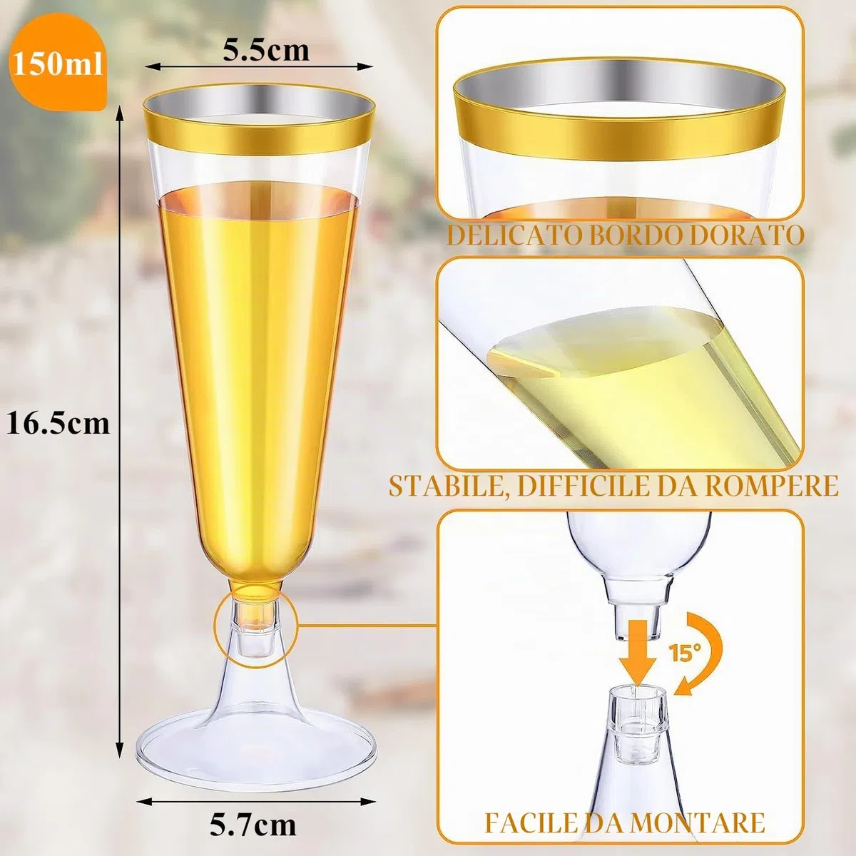 LATERN 50 Pezzi Riutilizzabili Flute da Champagne con Bordo in Dorato, 150ml Bicchieri da Champagne in Plastica Bicchieri da Vino con Gambo per Anniversario Matrimonio Giardino Feste (5,5 x 16,5cm)
