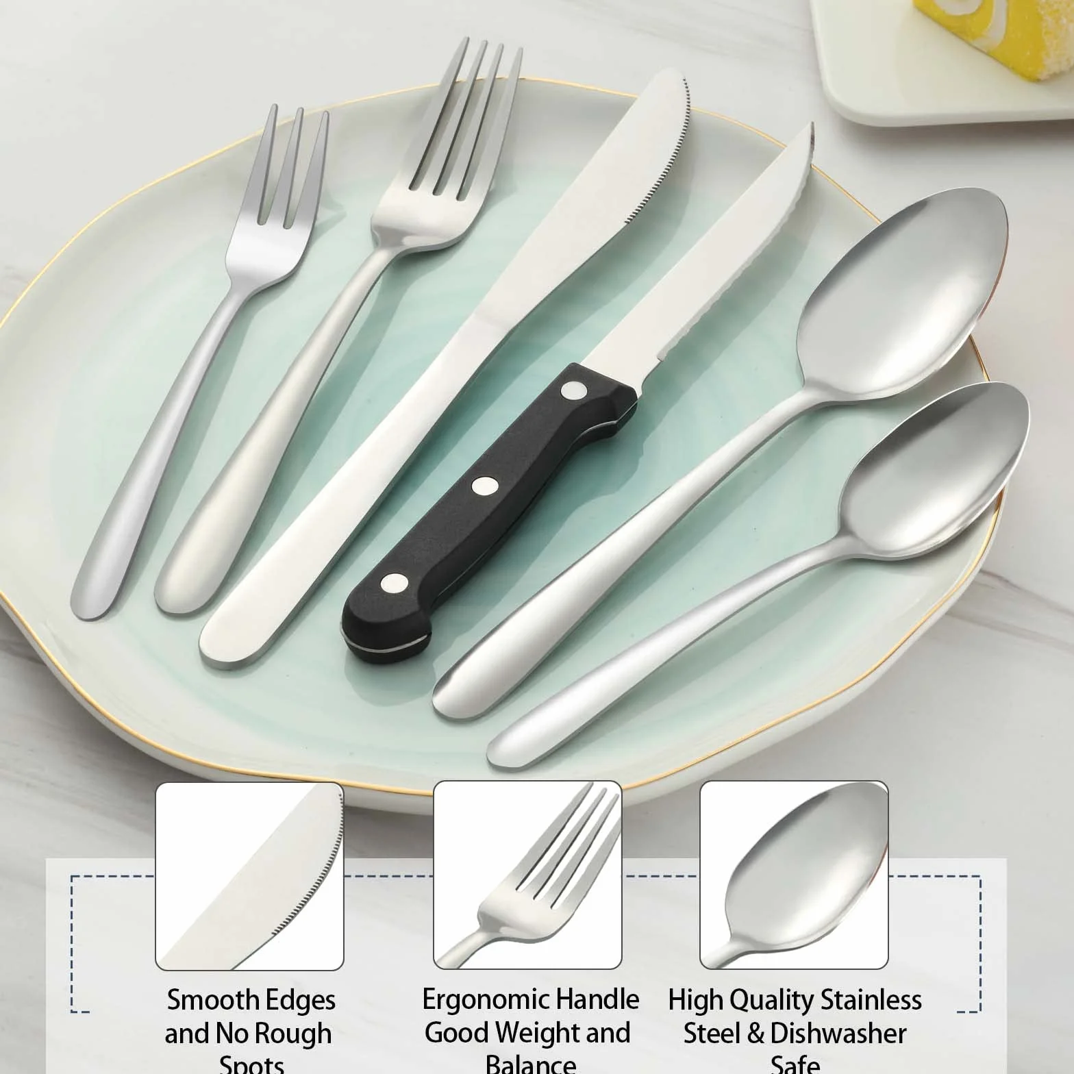 Pleafind posate da 36 pezzi, posate acciaio inox 6 persone per uso alimentare, set posate in argento con coltello, cucchiaio, forchetta, coltello da bistecca, lavabili in lavastoviglie