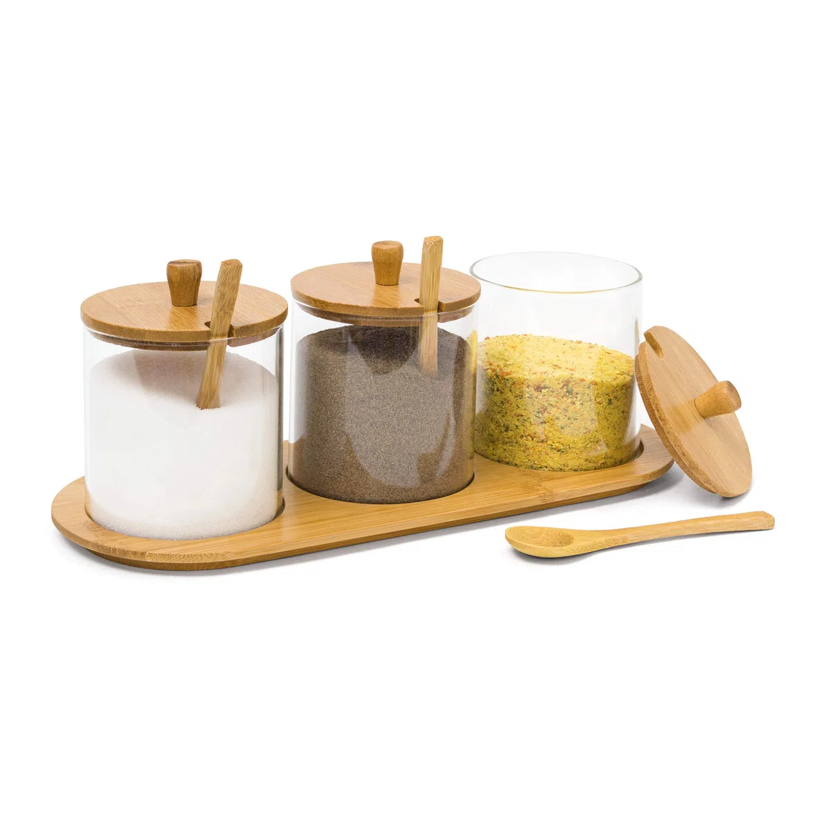 Relaxdays Portaspezie Jiao con Vasetti in Vetro, Coperchi, Cucchiaini e Vassoio in bambù, Barattoli Trasparenti,Naturale
