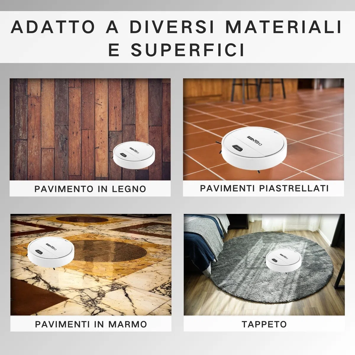 Robot Pulitore e Aspirapolvere, Robot Aspirapolvere Lavapavimenti, Robottino Aspira e Lava Pavimenti, Rilevamento Ostacoli, Adatto per Tappeti e Pavimenti in Legno, Bianco