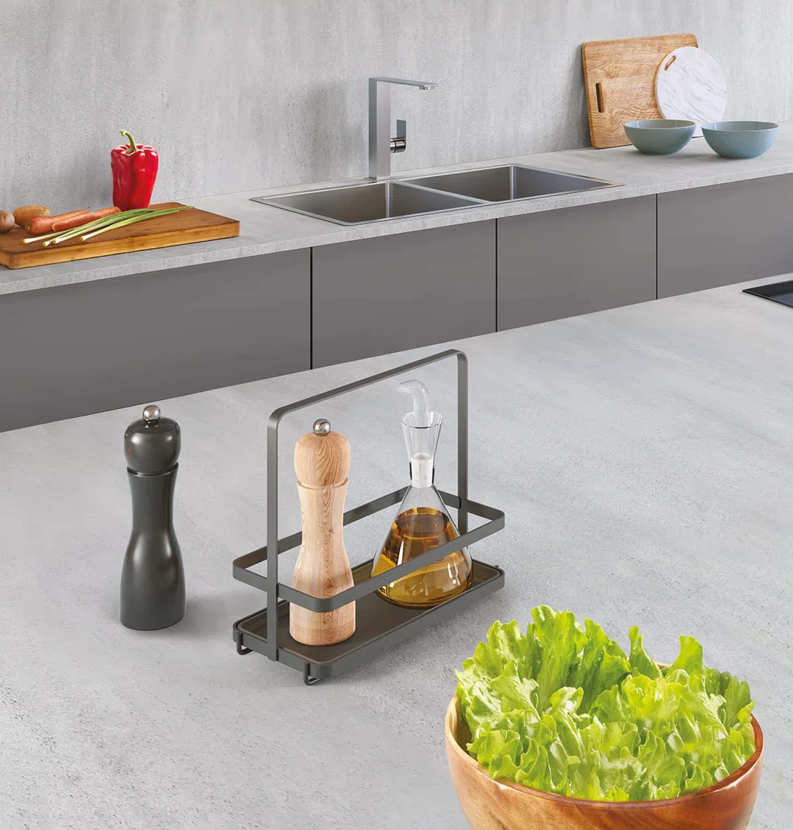 Metaltex Porta olio aceto spezie Tokyo Lava. Accessorio organizer da cucina antiruggine antigraffio antiurto. Organizzatore cucina made in Italy. Mensola da appoggio. Scaffale porta spezie 23x11x20cm