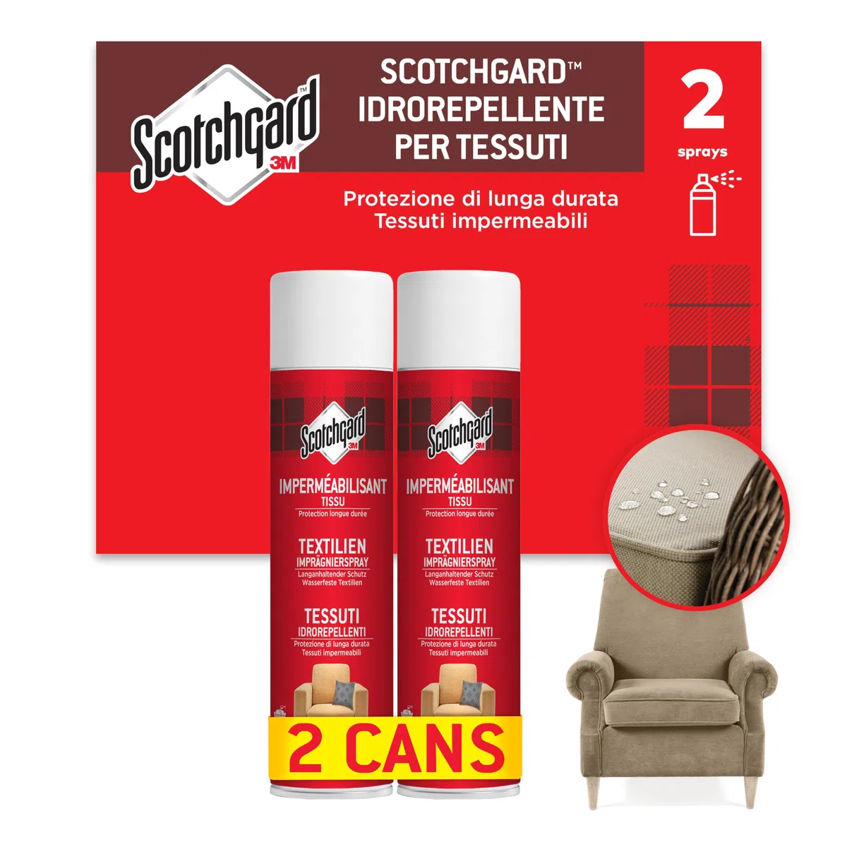 Scotchgard Spray Idrorepellente per Tessuti, 2x400 ml - Ottimo per Tappezzeria, Divani, Cuscini, Tovaglie e Abbigliamento