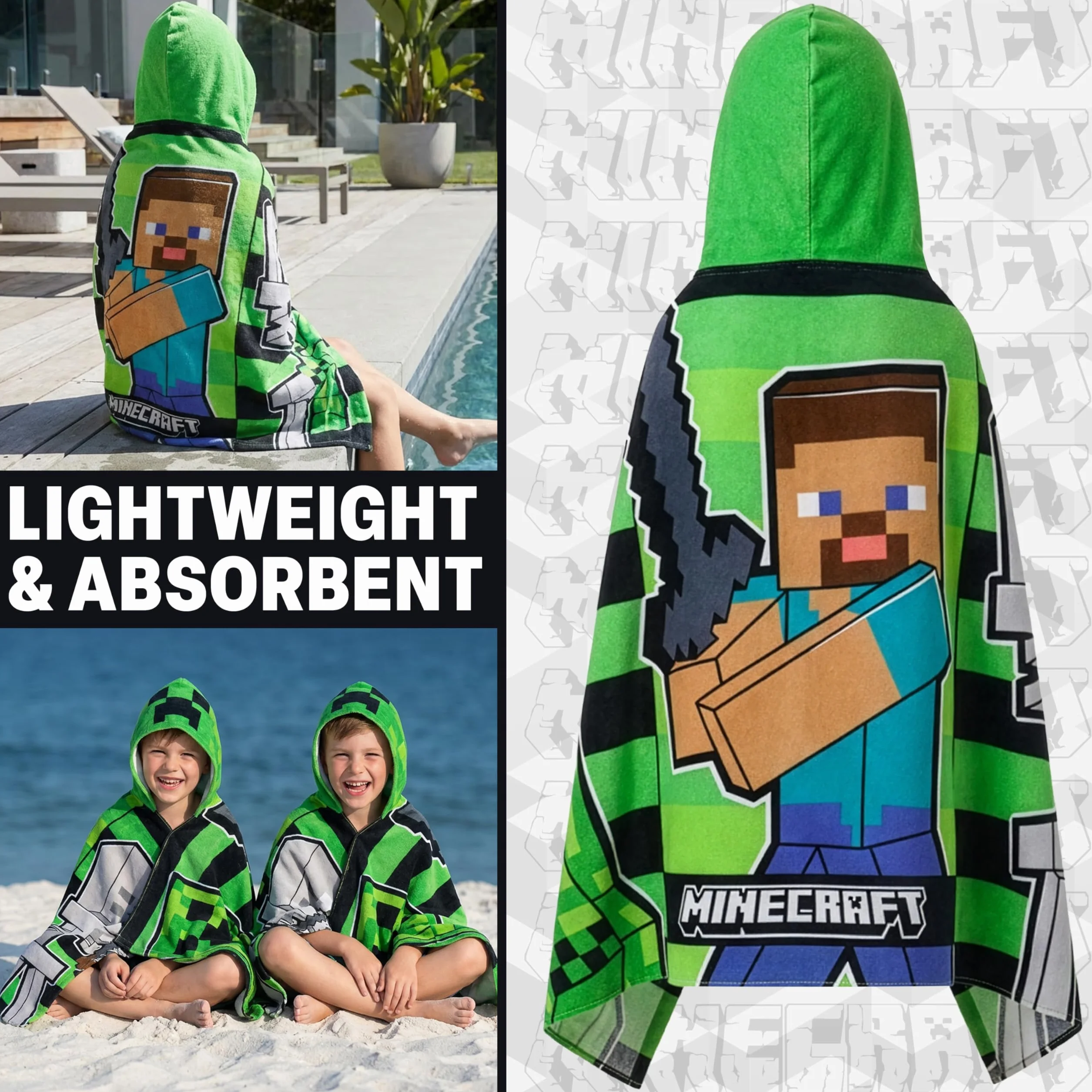Minecraft Asciugamani Bagno con Cappuccio Asciugamano Doccia Ragazzi Creeper Accappatoio Poncho Bambino Telo Mare Bambini Idee Regalo (Verde/Nero, 6-14 Anni)