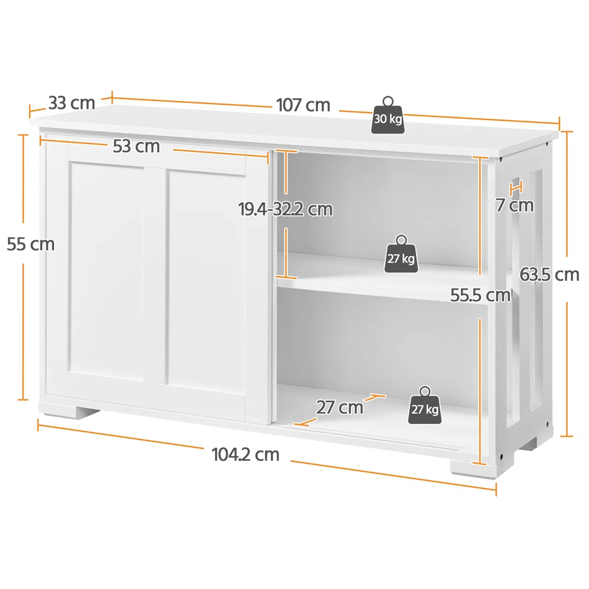 Yaheetech Credenza Mobile da Cucina Bianco con 2 Ante Scorrevoli Salvaspazio e Ripiano Regolabile in Legno Mobiletto TV da Salotto Soggiorno 106,7 x 33 x 63 cm