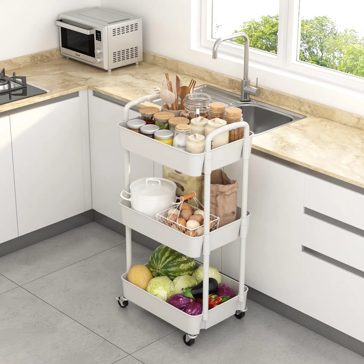 Sywhitta Carrello multiuso in plastica a 3 livelli con maniglia, carrello portaoggetti multifunzione per ufficio, soggiorno, cucina, organizer mobile con ruote, bianco