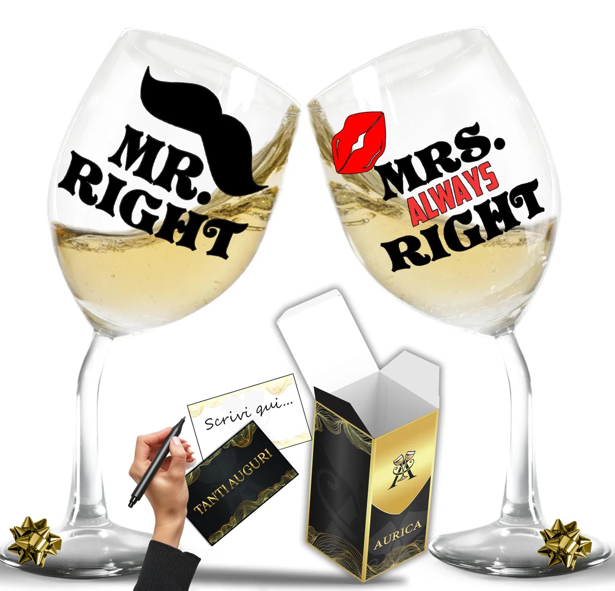 Calici Vino Personalizzati MR & MRS RIGHT – Calici Coordinati Per Brindare Insieme Con Ironia - Regalo Di Coppia Per San Valentino Con Bicchiere Piegato E Confezione Regalo Inclusa