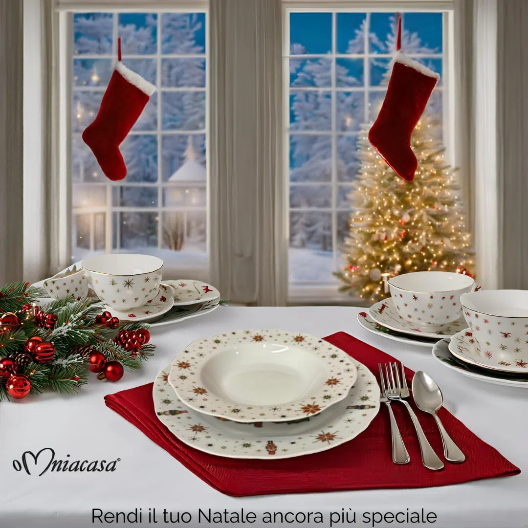 Servizio Piatti di Natale in Porcellana Resistente per 6 Persone: 18 Pezzi, Decorazioni con Albero di Natale Schiaccianoci e Stelle, Rosso e Bianco, Adatto: Lavastoviglie e Microonde.