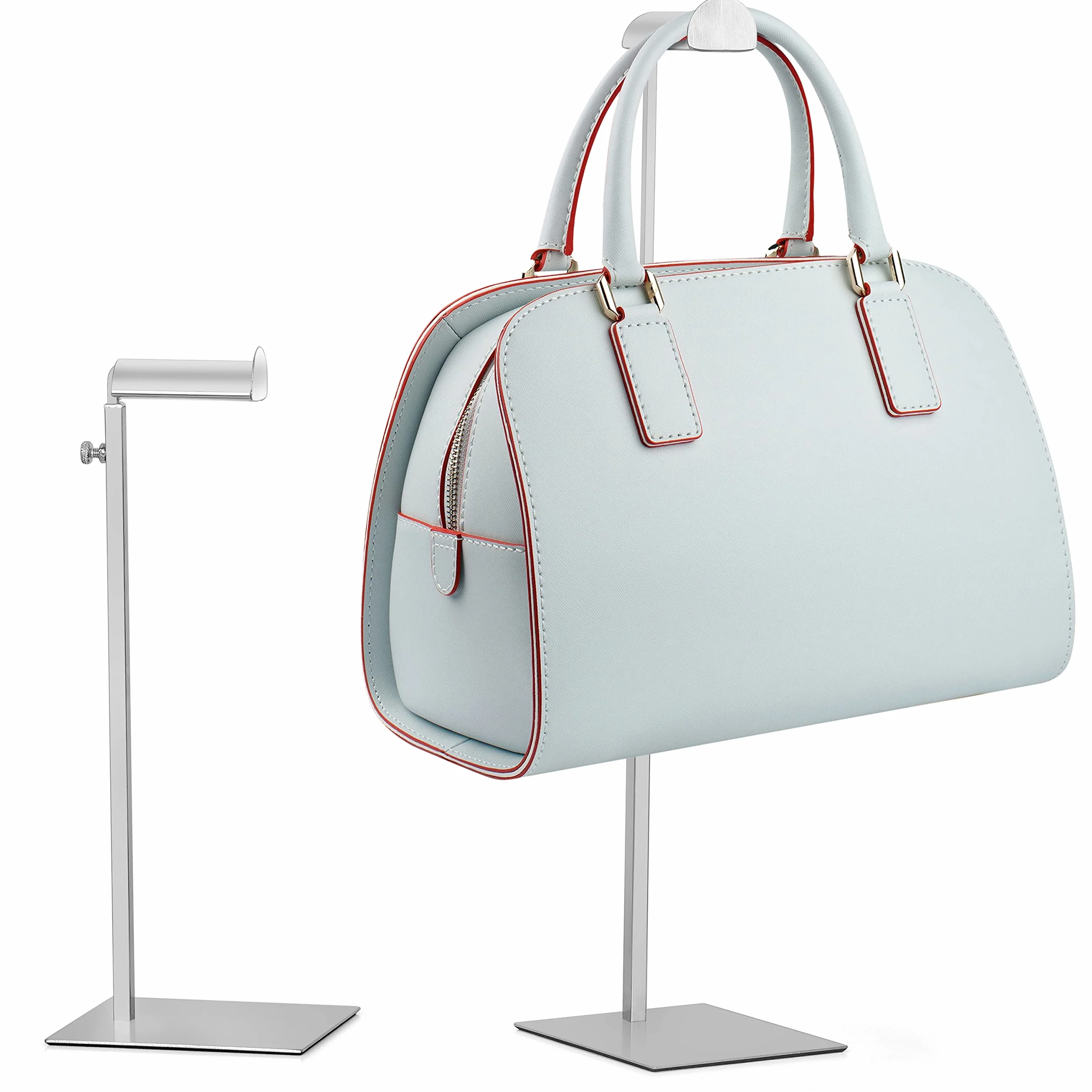 Porta Borse Regolabile [2pz] - Espositore da Terra per Borse e Gioielli, Supporto Borse in Acciaio Inossidabile - Altezza Regolabile, Base Stabile - Argento Metallizzato Lucido
