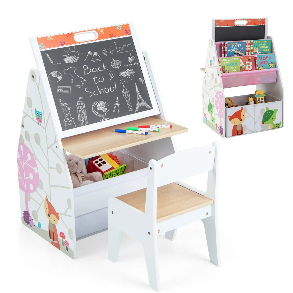 LIFEZEAL Tavolino Bambini con Sedie, Tavolino con Libreria, Lavagna Doppio Faccia e Contenitore Pieghevole per Giochi, Tavolo Multiattivita e Sedia per Cameretta, Tavolo per Bimbi 3-6 Anni (bianco)