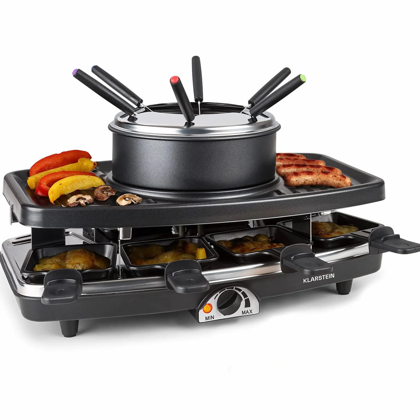 Klarstein 3-in-1 Griglia per Raclette e Set Fonduta Formaggio, Piastra Raclette Formaggio in Pietra Ollare 11W, Piastra Elettrica per Grigliare Carne e Formaggio con Pentole e Forchette per Fonduta