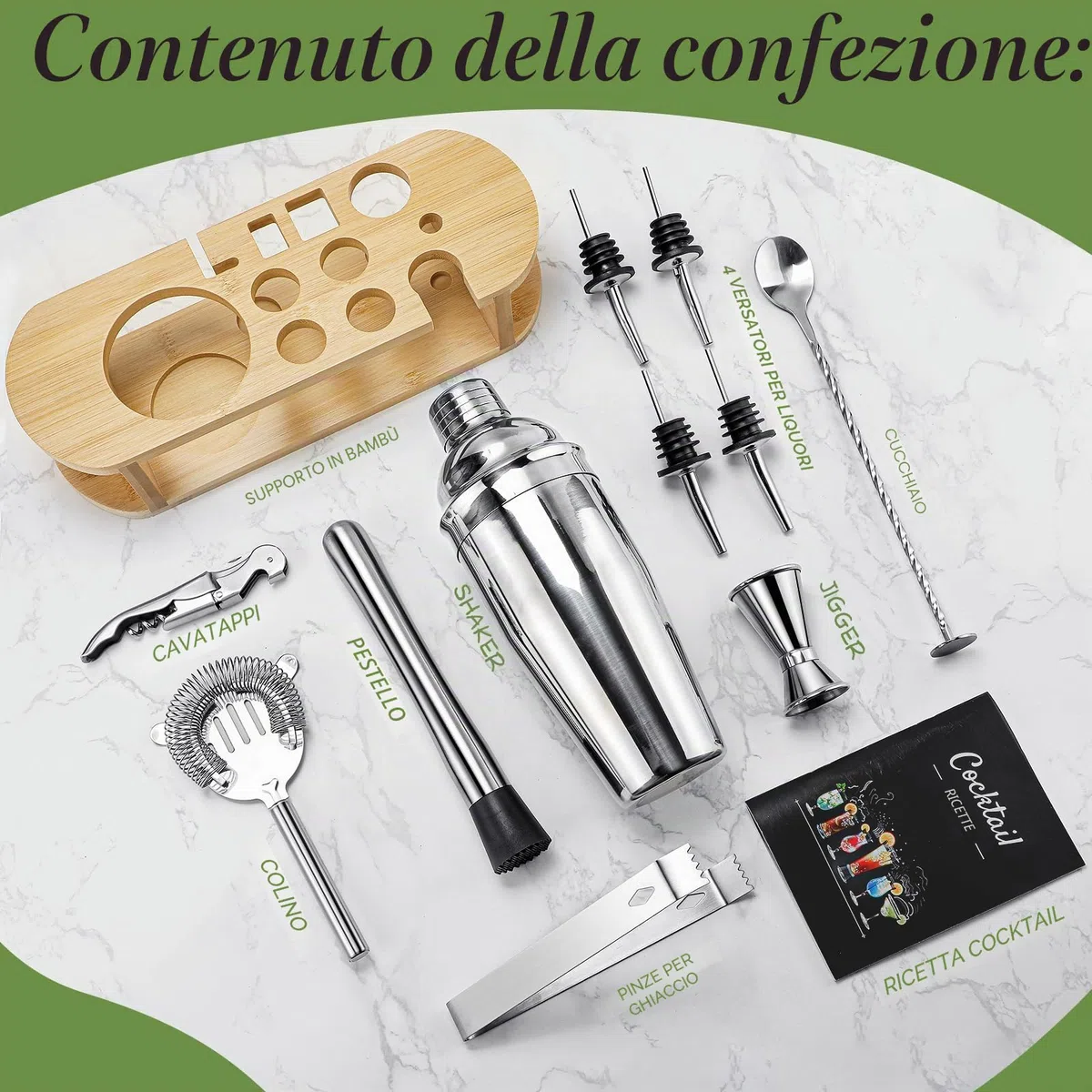 Set Shaker da Cocktail con Supporto, Set Cocktail Professionale in Acciaio Inox, Set Bar 12 pezzi per Miscelare le Bevande, Regali Donne Uomini Amanti dei Cocktail, Shaker da Cocktail Home Essentials