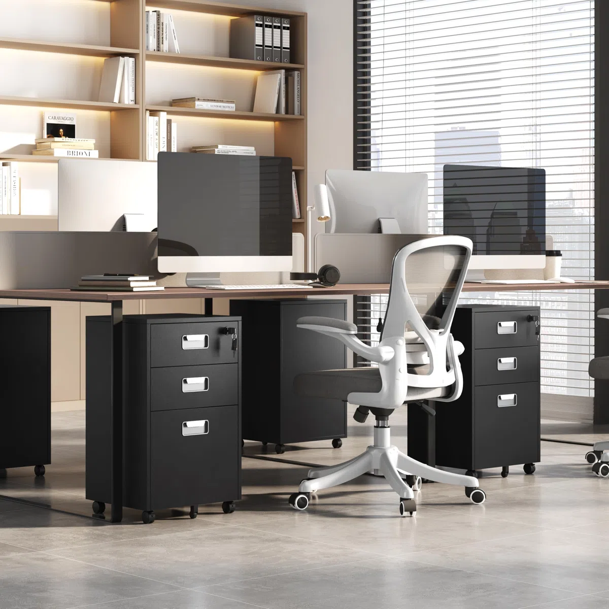 Yaheetech Cassettiera da Scrivania con 3 Cassetti Salvaspazio Archivio Schedario Portadocumenti Mobiletto da Ufficio Rimovibile con Ruote per Ufficio Studio (Nero)