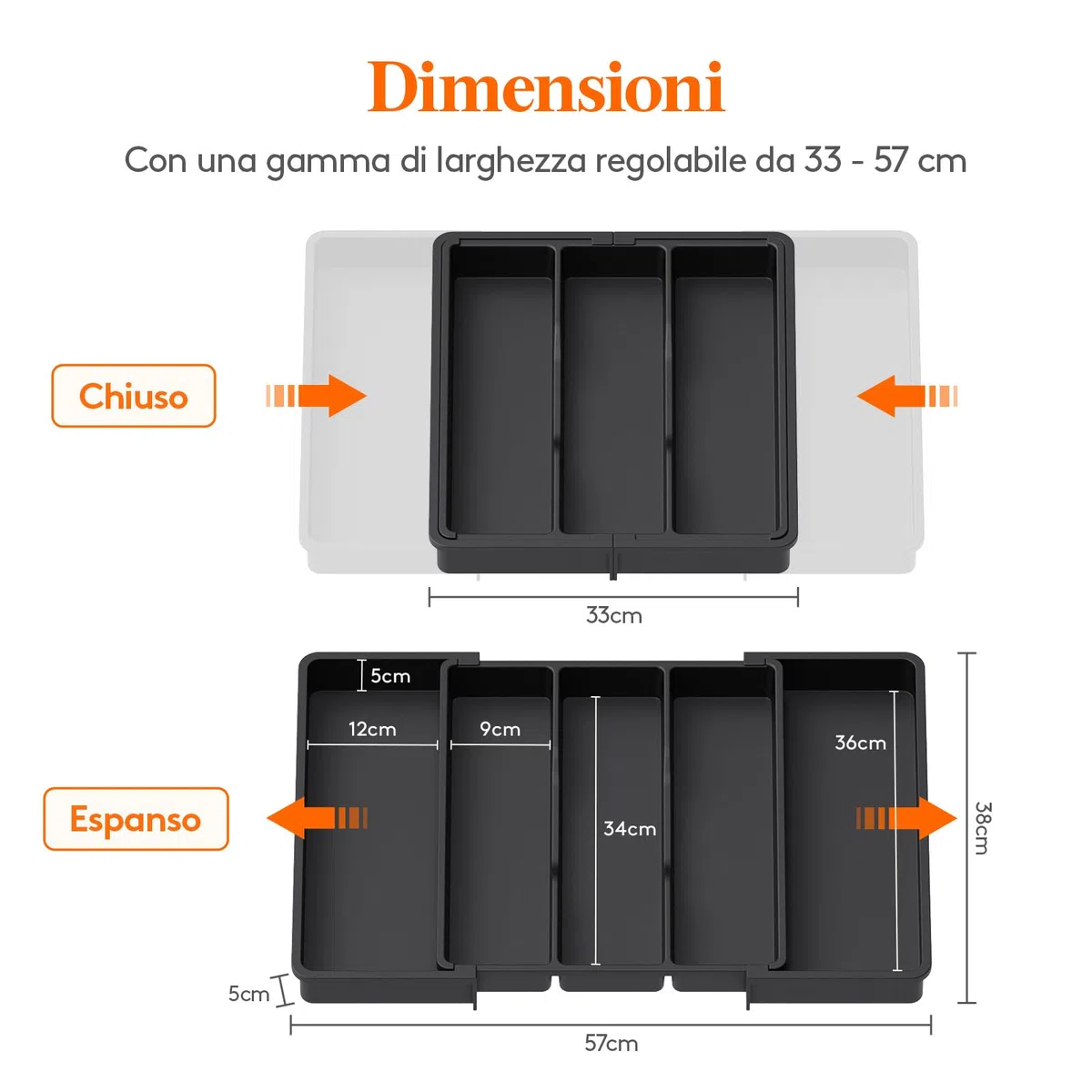 Lifewit Portaposate da Cassetto, Organizer Utensili da Cucina, Porta Posate Regolabile in Plastica, per Utensili e Accessori, Profondità 38 cm, Espandibile fino a 57 cm, Pacchi 1, Nero