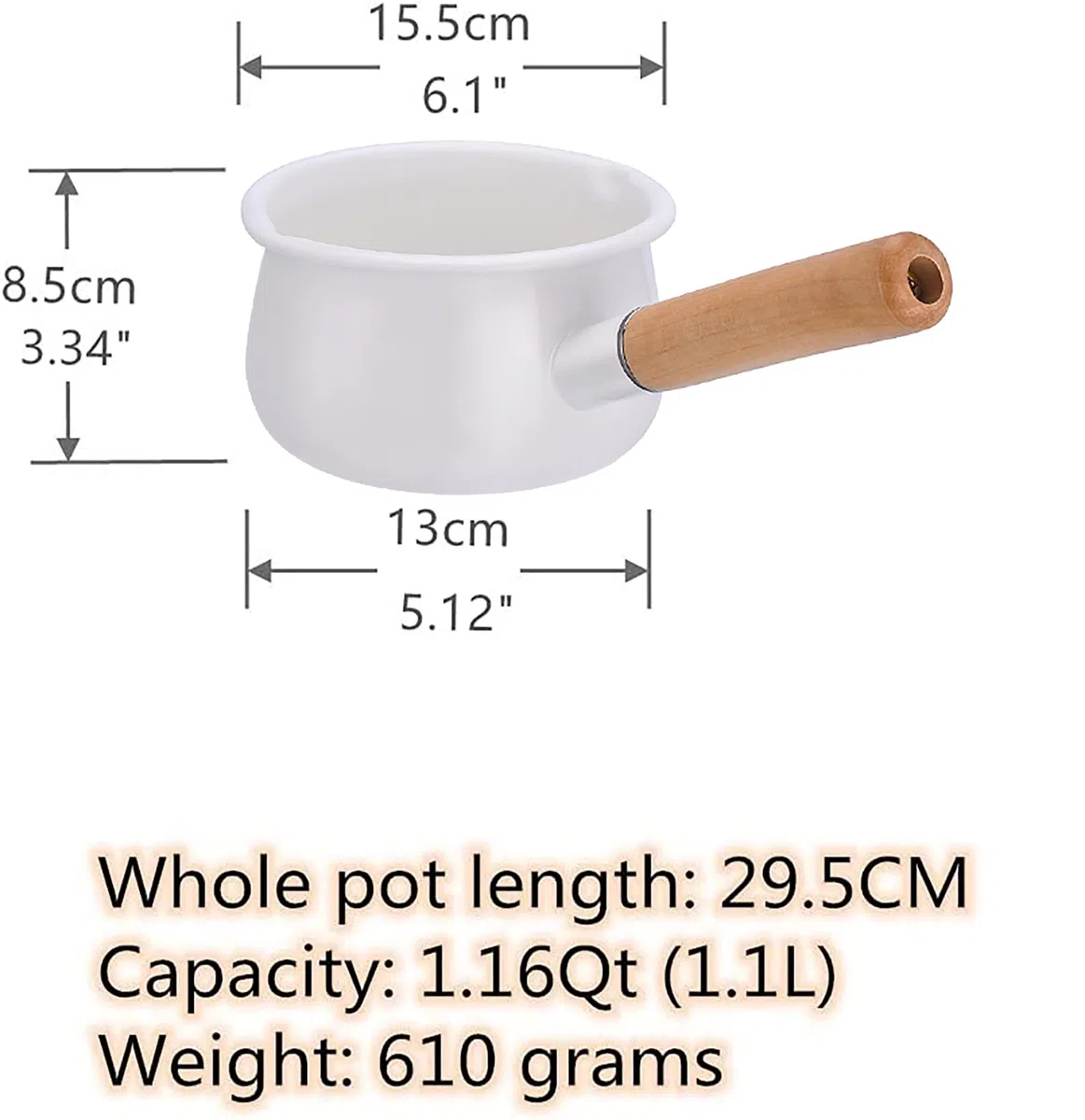 Pentola per latte smaltata con doppio beccuccio per versare il burro, per stufa, con rivestimento interno smaltato, piccolo vaso da zuppa con manico in legno, pratico vaso (bianco)