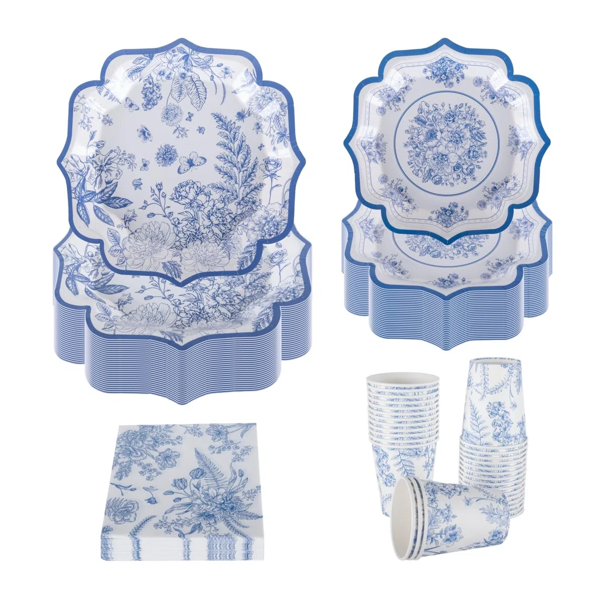 Stoviglie eleganti in cartone blu e bianco per 30 ospiti – Piatti, Asciugamani e Tazze – Tè, Compleanni