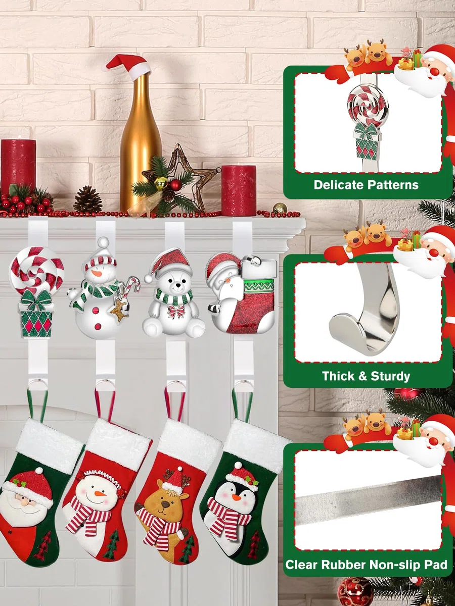 Kalolary Portacalze di Natale per Camino, 4 Pezzi Ganci Antiscivolo per Calze Natalizie, Babbo Natale, Pupazzo di Neve, Orso, Lecca-lecca - Ganci di Metallo per Decorazione
