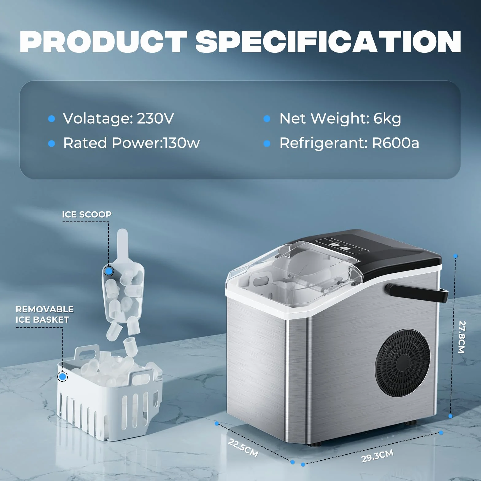 Fabbricatore di Ghiaccio 15kg/24h, 9 Cubetti in 6 Min, Macchina Ghiaccio Portatile con Maniglia e Pulizia Automatica, 2 Dimensioni Cubetti a Proiettile, per Cucina, Campeggio, Casa, Festa - Nero/Inox