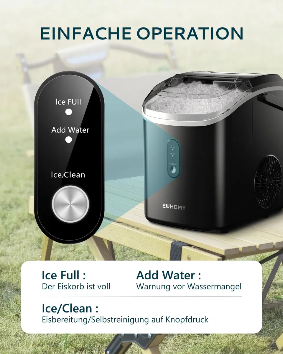 EUHOMY Macchina per cubetti di ghiaccio, 15 kg/24 h, produzione in 6 minuti, Crushed Ice Maker, Nuggets Ice, pulizia automatica, 120 W, macchina per cubetti di ghiaccio da tavolo, sensore a