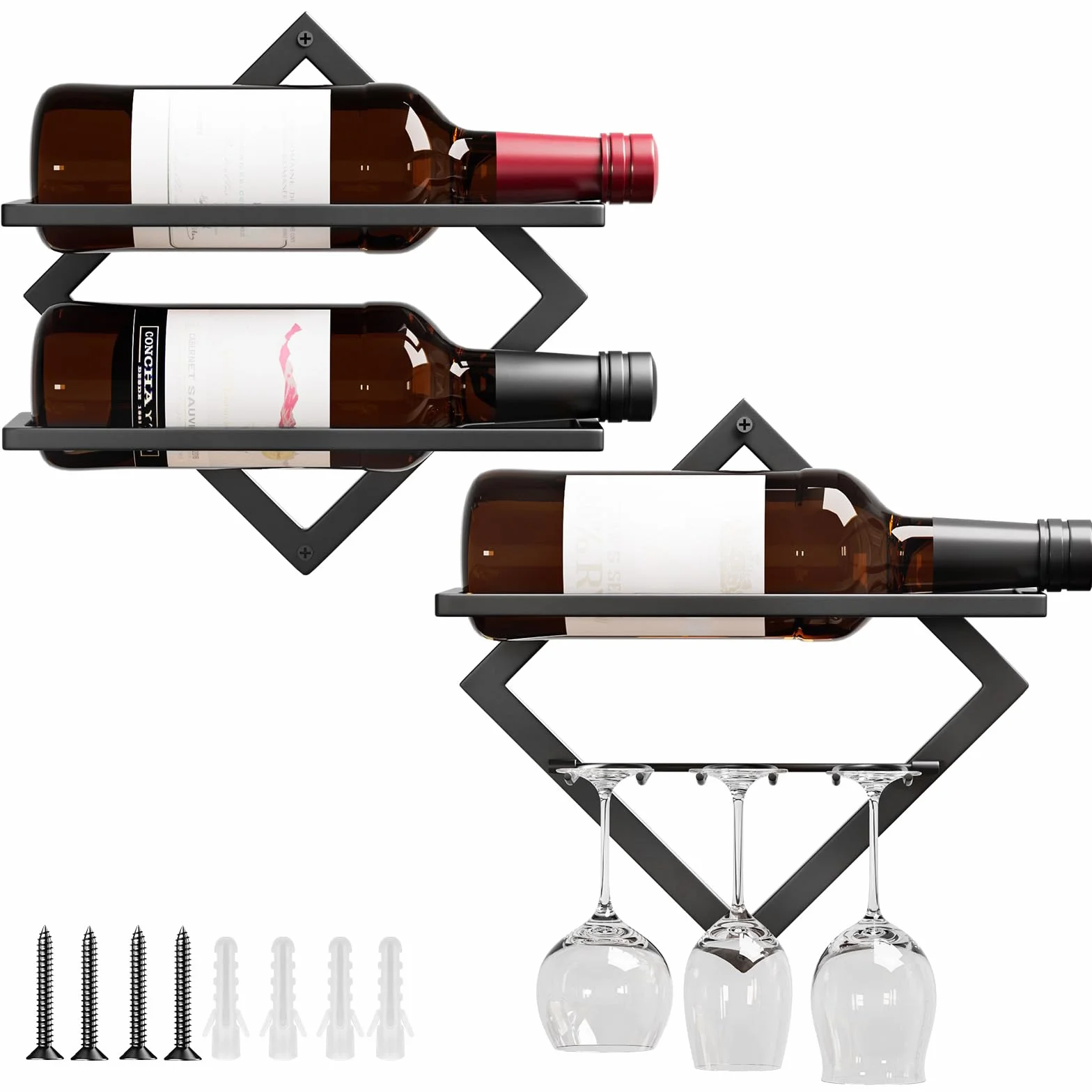 Yorbay Portabottiglie da Parete in Metallo con Portabicchieri: Moderno Porta Bottiglie Decorativo per 3 Bottiglie e fino a 6 Bicchieri - Portabottiglie da Vino Salvaspazio per Soggiorno Bar Cucina