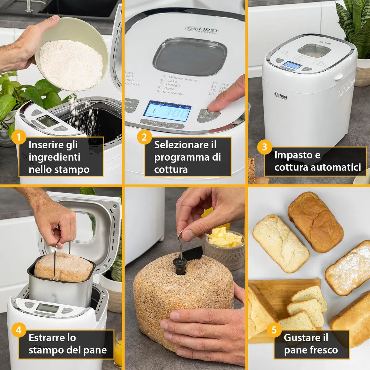 TZS First Austria Macchina per il pane con 13 programmi | 700-900 g di impasto | Timer, funzione di mantenimento in caldo | 550 W di potenza | Accessori inclusi