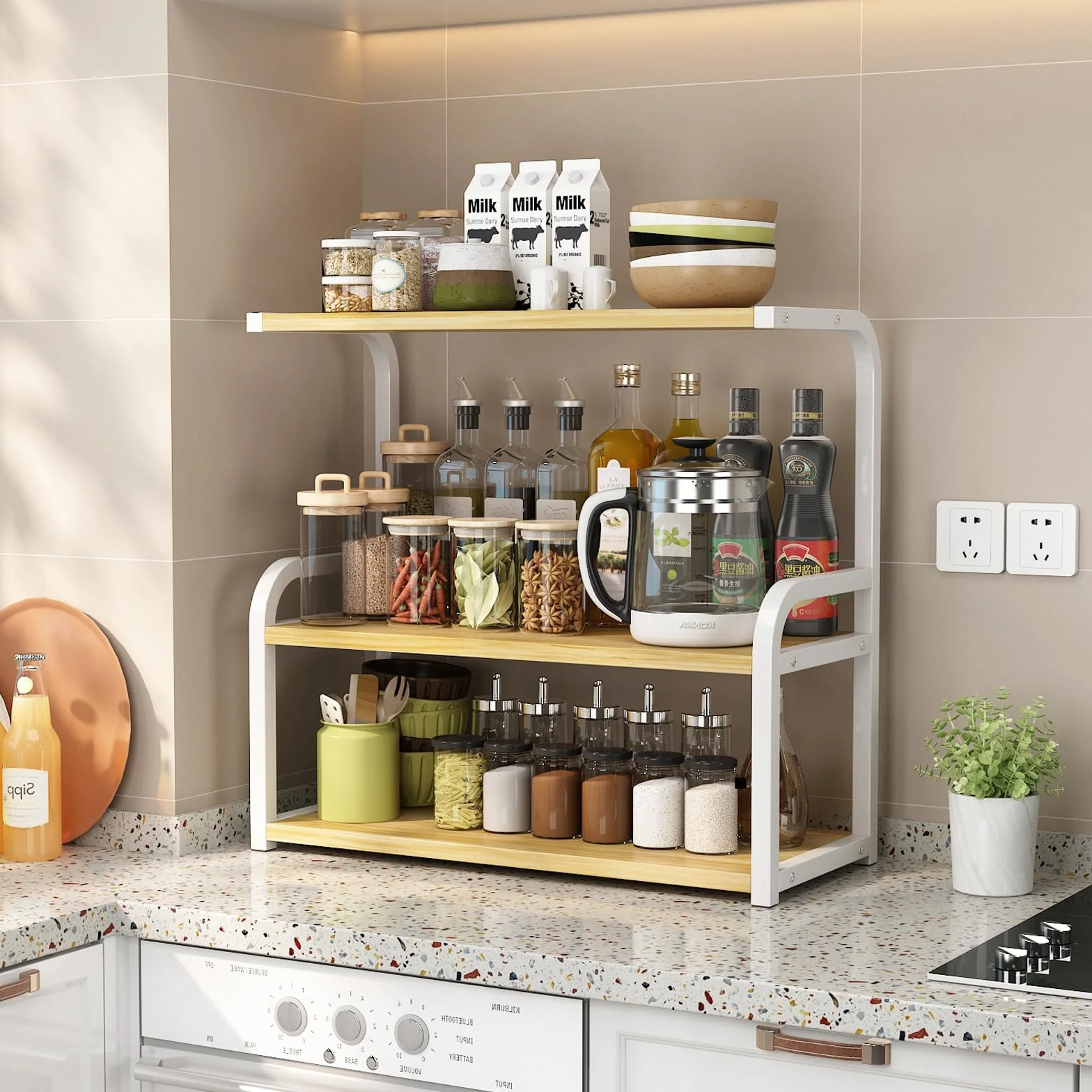 Scaffale verticale per scrivania da ufficio, libreria, da cucina, per ufficio, soggiorno, scrivania (bianco+noce, 53 cm)