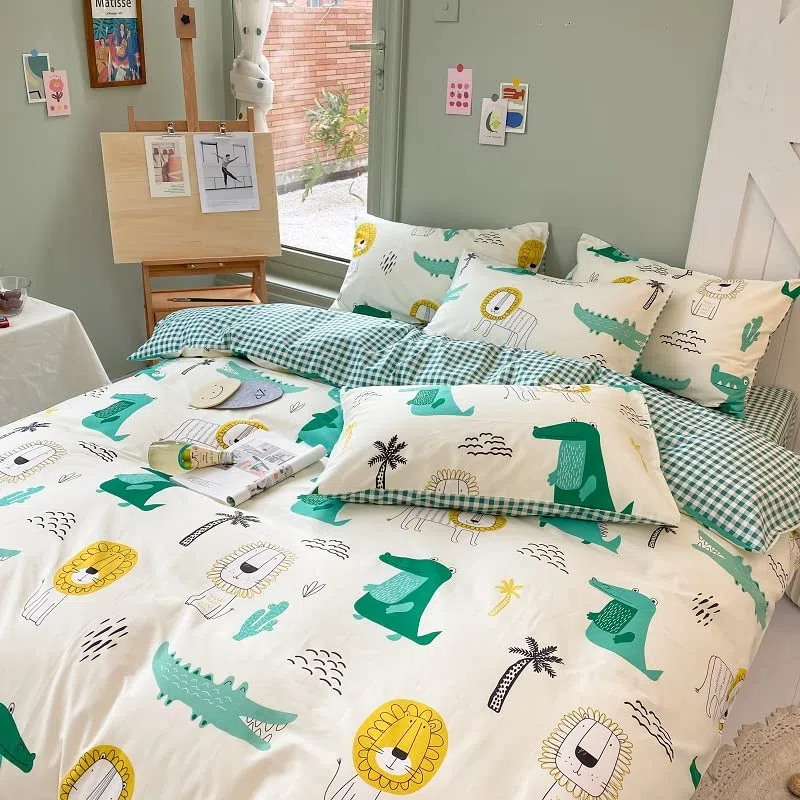 Biancheria da letto in 100% cotone - Taglia singola per bambini, ragazzi e ragazze - Motivi: Animali dei cartoni animati. Copripiumino con stampa di coccodrillo e leone, verde, per tutta la stagione
