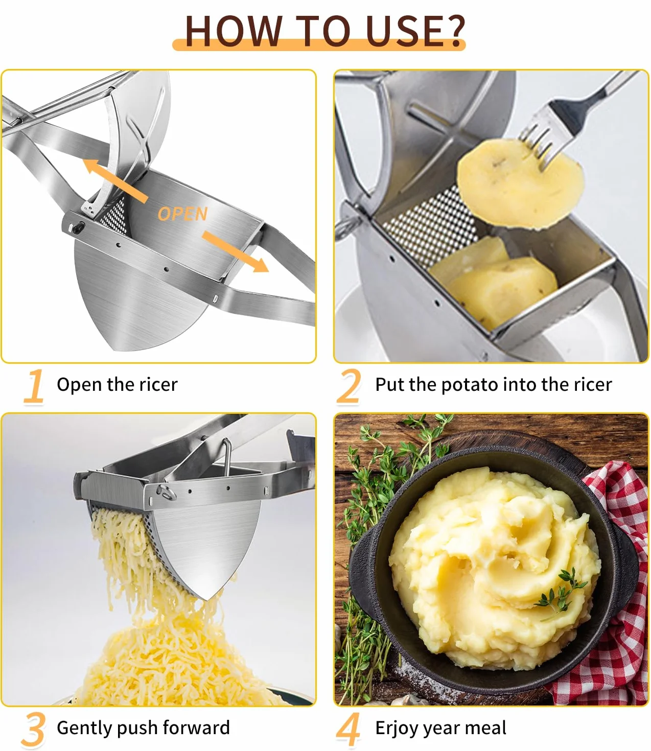 Yulado Schiacciapatate Acciaio Inox con Coltello Per Sbucciare E Spazzola Per La Pulizia, Schiaccia Patate, Spremiagrumi Per Frutta E Verdura, Taglia Patate, Passaverdure, Gadget Per Da Cucina, Potato