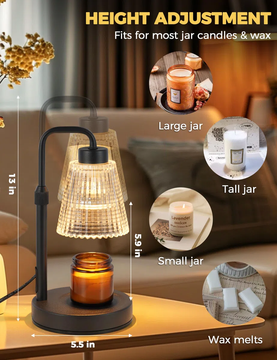GODONLIF Lampada scaldacandele, altezza regolabile, timer dimmerabile, decorazione per la casa, cera melts, scalda candele in vetro con 2 lampadine, Nero