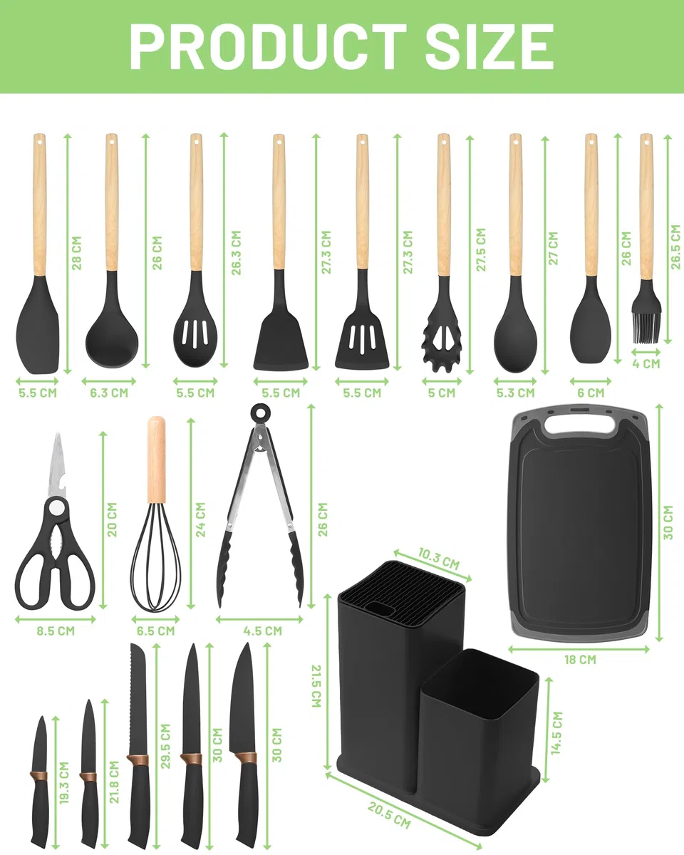 19 Pezzi Set di Coltelli da Cucina - Utensili da Cucina in Silicone con 5 Coltelli per Pentole Antiaderenti, con Scatola di Stoccaggio