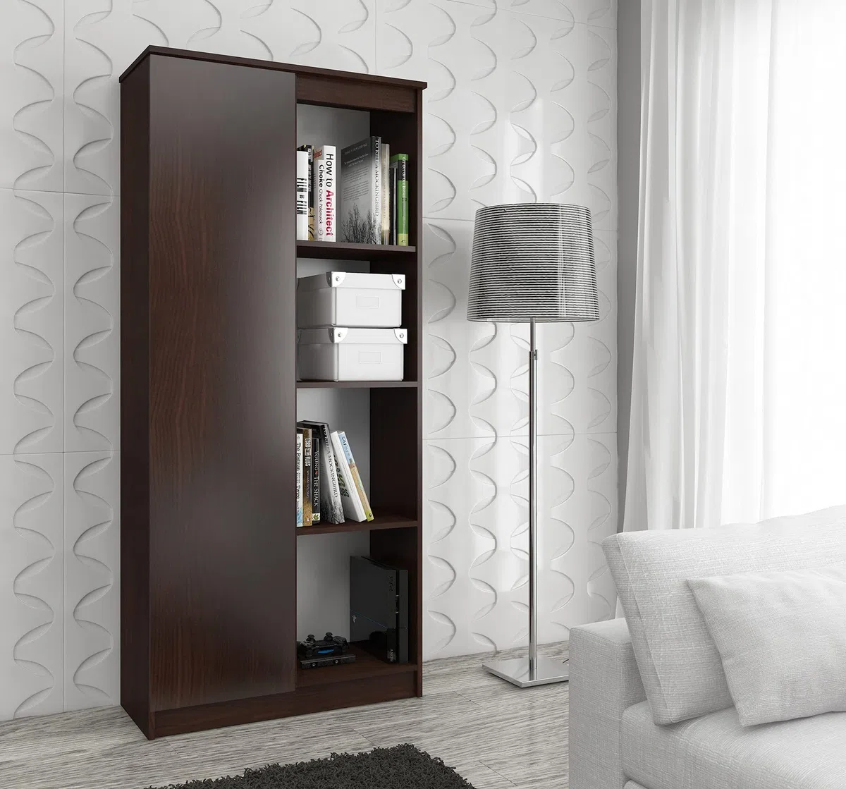 AKORD | Libreria per ufficio CLP 80cm | 4 Ripiani esterni 1 Anta | Scaffale Soggiorno | Porta Libri | Mobile Moderna con Ripiani | Salvaspazio | Librerie da Terra | Wengé